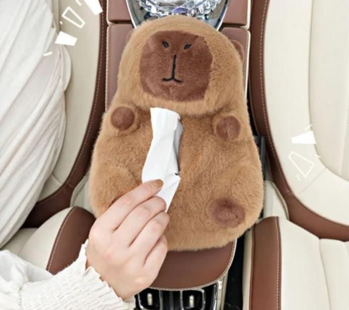 Capybara Tissue Holder – Plush Cartoon Car Tissue Box and Storage Bag