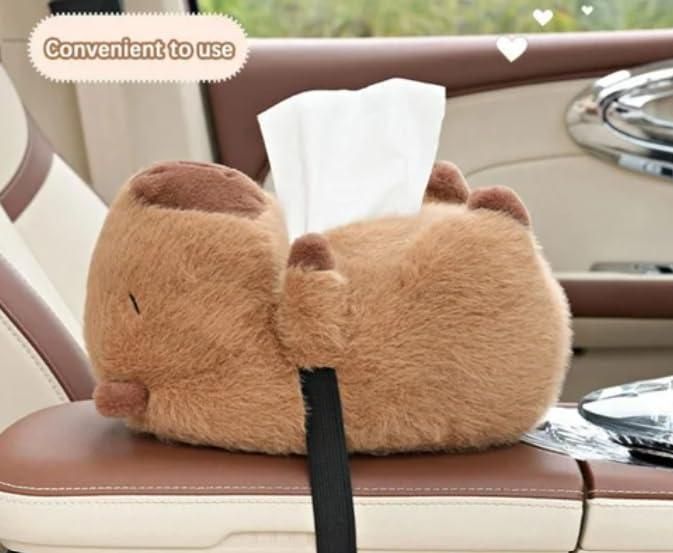 Capybara Tissue Holder – Plush Cartoon Car Tissue Box and Storage Bag