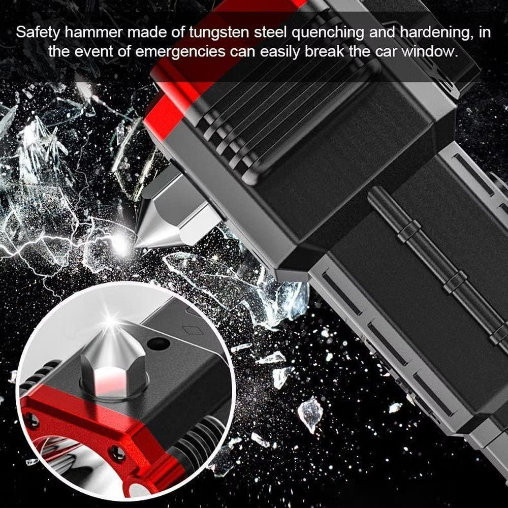 Portable LED Flashlight Multifunctional Work Light – Power Bank, Safety Hammer & 4 Light Modes (Red)