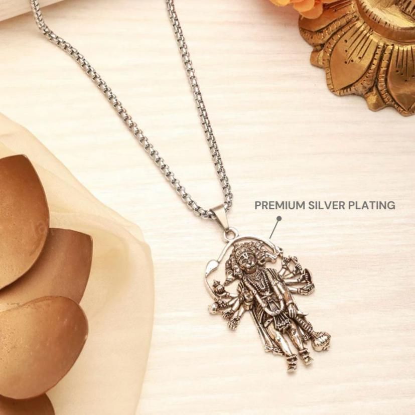 5 Mukhi Standing Hanumanji Pendant with Chain for Men – Silver Plated Alloy