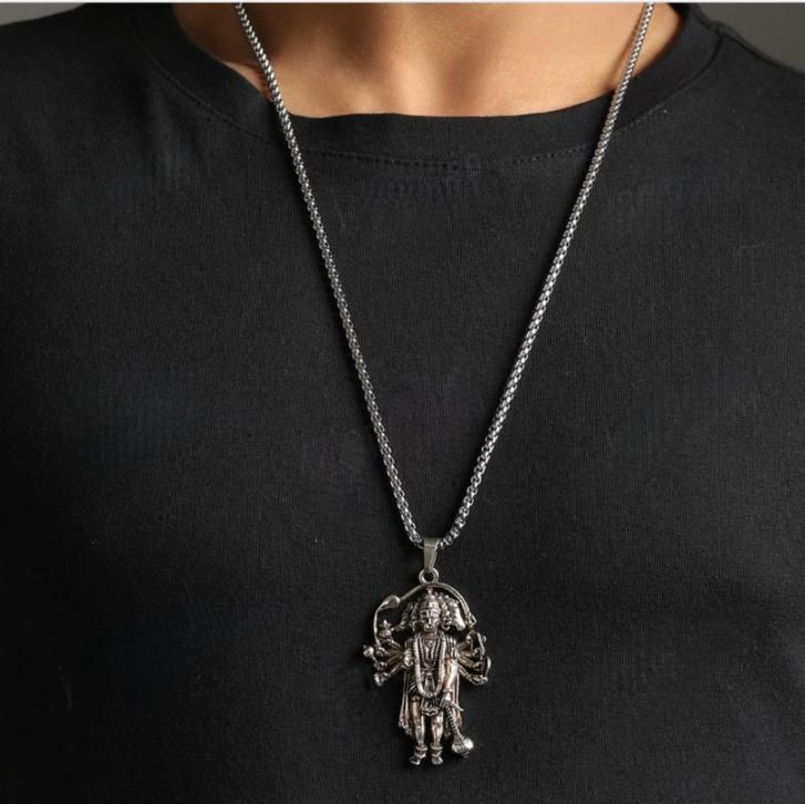 5 Mukhi Standing Hanumanji Pendant with Chain for Men – Silver Plated Alloy