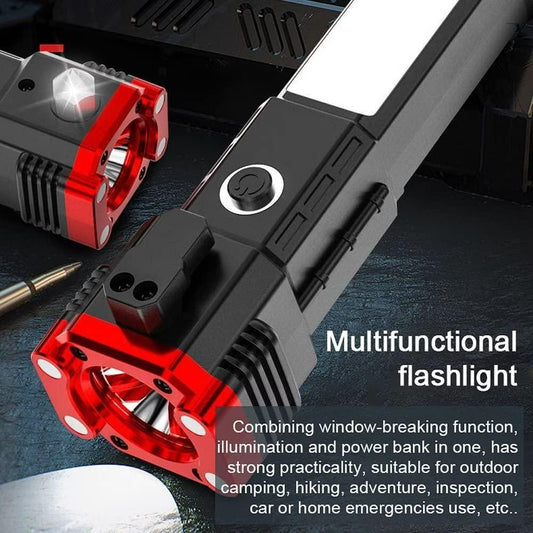 Portable LED Flashlight Multifunctional Work Light – Power Bank, Safety Hammer & 4 Light Modes (Red)